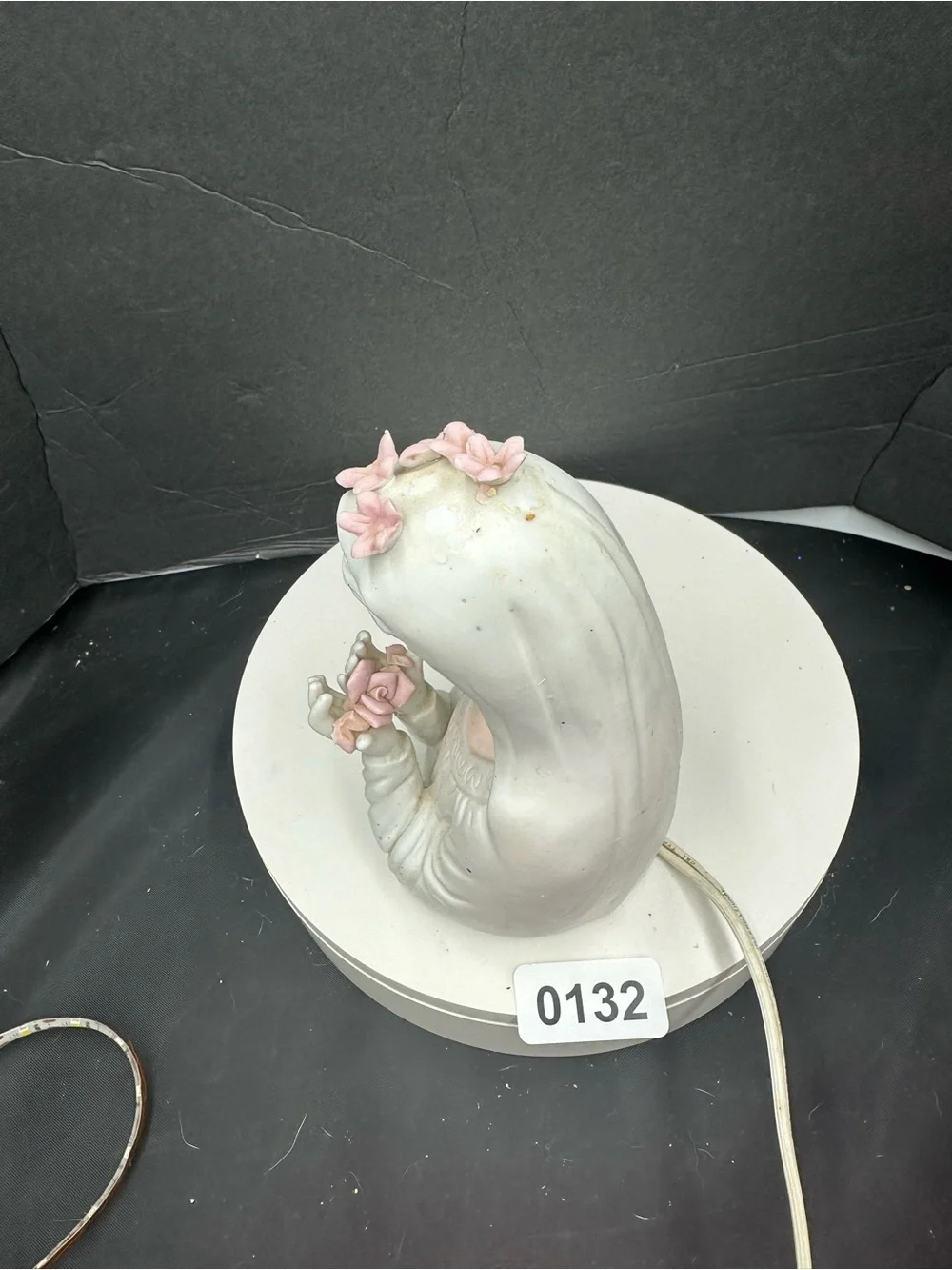 White Ceramic Virgin Mary Figurine with Pink Flower Accents